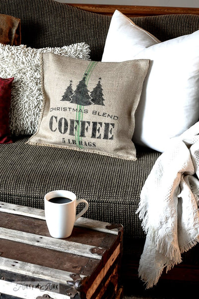Stenciled Christmas Blend Coffee grain sack pillow Funky Junk's Old Sign Stencils