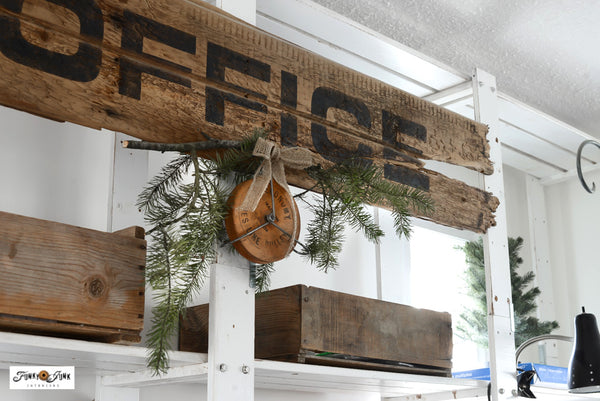 Large OFFICE sign on reclaimed wood with Christmas wheel wreath by Funky Junk Interiors