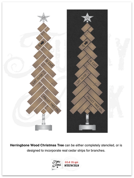 Create a wood Christmas tree with this Herringbone Wood Christmas Tree stencil! Stencil as-is, or scaled to use cedar strips for the branches. Included are individual plank stencils to measure the wood, with screw and pallet images. The metal pipe tree trunk and riveted tree stand completes the industrial look!