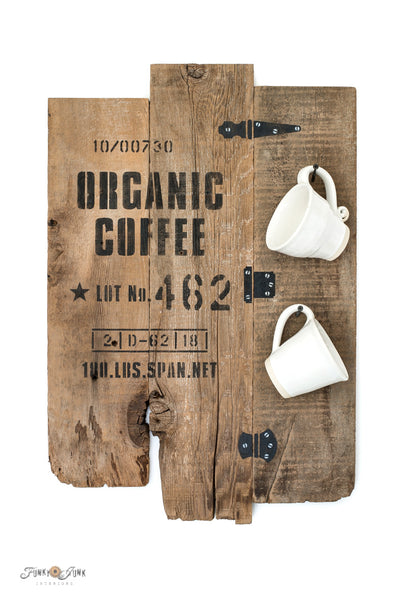 Organic coffee wooden sign with stenciled Hinges by Funky Junk's Old Sign Stencils