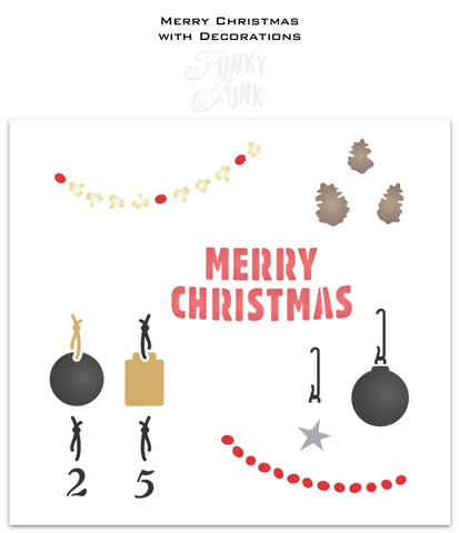 Add some holiday cheer to your next DIY project with this versatile Merry Christmas with Decorations stencil! Includes 3 pinecones, hanging tags with a 2 and 5, an ornament  with hook and star, and 2 strings of cranberries and popcorn garland. Use to decorate a stenciled tree, gift wrap and more! Funky Junk's Old Sign Stencils.