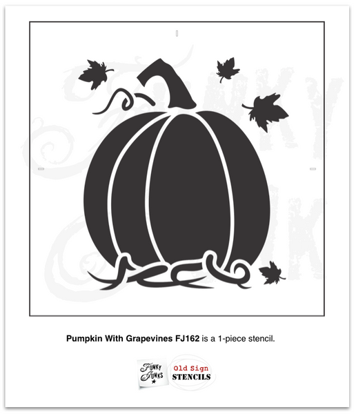 Create the perfect pumpkin of your fall dreams with our Pumpkin with Grapevines stencil! A pumpkin is nested on a bed of grapevines for a rustic touch. Keep the pumpkin plain or decorate with a unique pattern or carved faces to charm it up! Included with this pumpkin stencil are falling leaves for extra autumn charm.