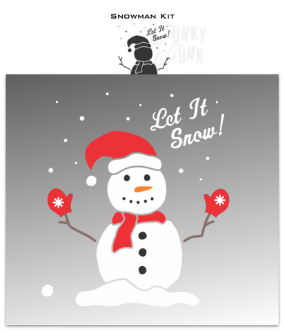 Let your winter vibes shine with a holly jolly Snowman Kit stencil! Create a cozy snowman scene with a hand drawn snowman, hat, scarf, branch arms, snowy sky and Let It Snow caption. Then enhance with a snowman face, rock buttons, and mittens. The smaller features are designed to fit onto 2x4s to create wooden snowmen! Funky Junk's Old Sign Stencils