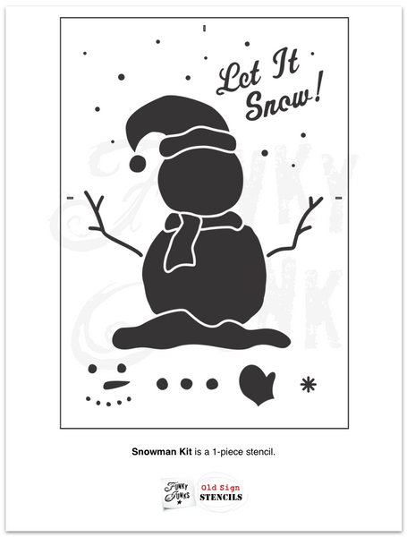 Let your winter vibes shine with a holly jolly Snowman Kit stencil! Create a cozy snowman scene with a hand drawn snowman, hat, scarf, branch arms, snowy sky and Let It Snow caption. Then enhance with a snowman face, rock buttons, and mittens. The smaller features are designed to fit onto 2x4s to create wooden snowmen! Funky Junk's Old Sign Stencils
