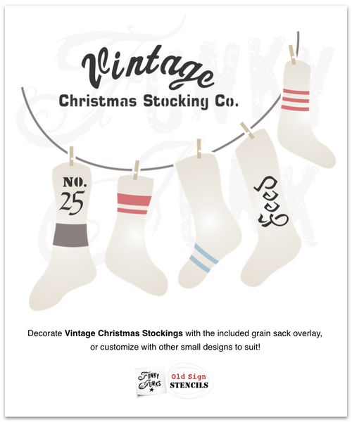 The Vintage Christmas Stockings stencil kit comes with a Vintage Christmas Stocking Co. sign, plus five Christmas stockings decorated with unique grain sack numbers, feed text, and grain sack stripes for the ultimate vintage vibe! Hung on a line with the included clothespin images for a true farmhouse-inspired look!