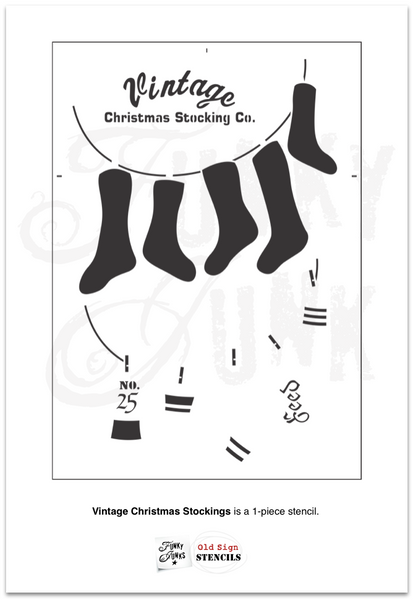 The Vintage Christmas Stockings stencil kit comes with a Vintage Christmas Stocking Co. sign, plus five Christmas stockings decorated with unique grain sack numbers, feed text, and grain sack stripes for the ultimate vintage vibe! Hung on a line with the included clothespin images for a true farmhouse-inspired look!