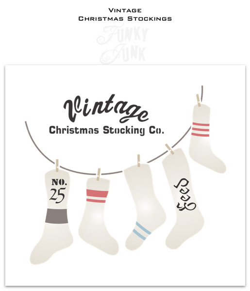 The Vintage Christmas Stockings stencil kit comes with a Vintage Christmas Stocking Co. sign, plus five Christmas stockings decorated with unique grain sack numbers, feed text, and grain sack stripes for the ultimate vintage vibe! Hung on a line with the included clothespin images for a true farmhouse-inspired look!