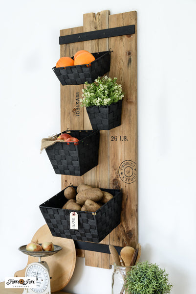Reclaimed wood produce holder with Shipping Crate Stamps and Pallet Stamps by Funky Junk's Old Sign Stencils