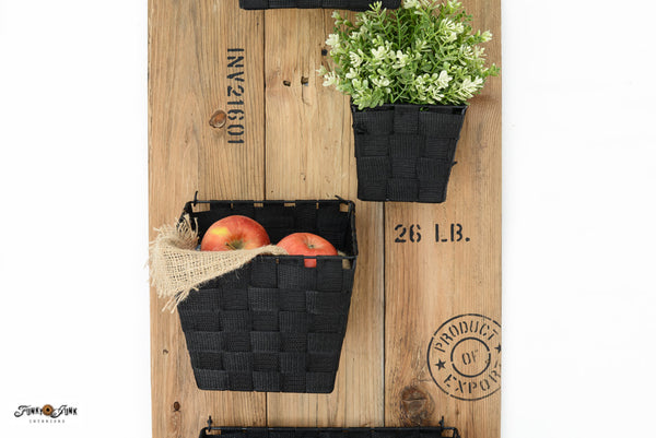 Reclaimed wood produce holder with Shipping Crate Stamps and Pallet Stamps by Funky Junk's Old Sign Stencils