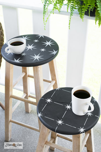 Stenciled coordinating Retro Star and Retro Star Tile wooden bar stools with Funky Junk's Old Sign Stencils