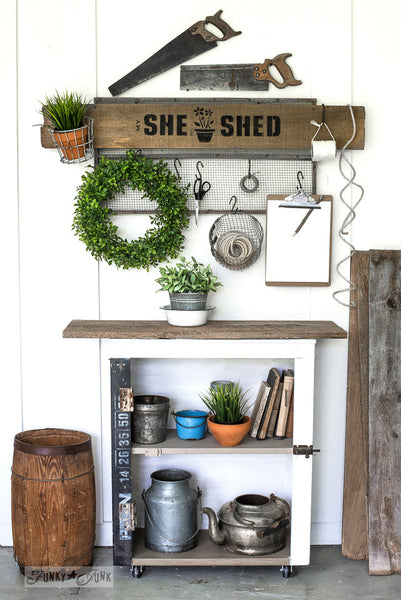 She Shed sign make with Potting Shed stencil by Funky Junk's Old Sign Stencils. Paint professional looking vintage farmhouse styled garden signs onto reclaimed wood with a stencil in minutes!