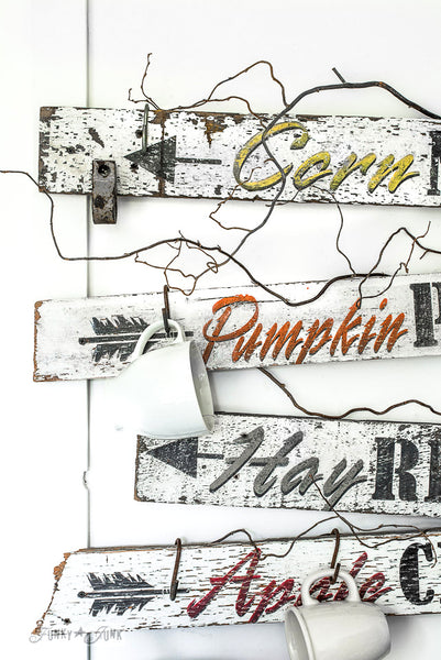 Make these fall directional signs with iconic fall sayings by Funky Junk's Old Sign Stencils! 4 to choose from: Pumpkin Patch, Apple Cider, Hay Rides and Corn Maze.