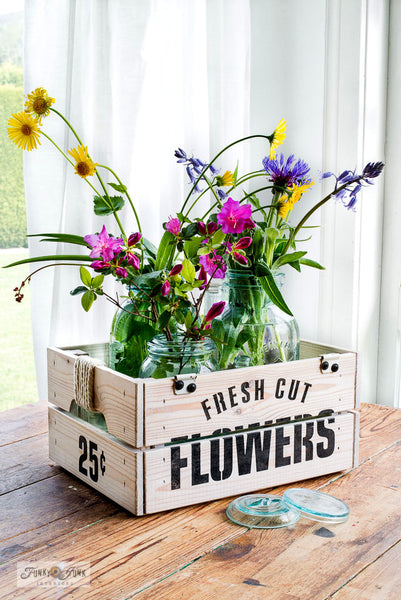 Fresh Cut Flowers 25 cents stencil by Funky Junk's Old Sign Stencils is a 1-piece flower stencil that celebrates displaying fresh cut flowers! Designed with subtext, bold FLOWERS, 25 cents, and flowers with leaves graphics. Designed to fit on small (IKEA) crates, create small signs, throw pillow designs and more!