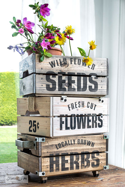 Wild Flower Seeds 10 LB garden stencil by Funky Junk's Old Sign Stencils celebrates all things garden, crate or grain sack style! Big, bold timeless letters with a decorative flourish. Compact for smaller garden projects.