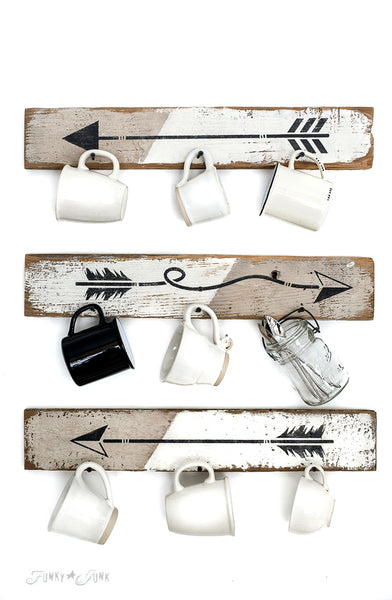 Arrow coffee mug hooks made with Arrow Kit from Funky Junk's Old Sign Stencils. Mix and match your own custom arrows!