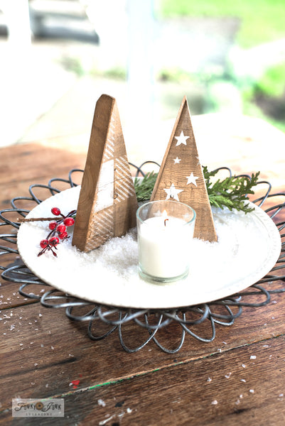 Mini Christmas Patterns (stars) and Buffalo Check stencil designs are used to decorate these adorable scrap wood trees! With Funky Junk's Old Sign Stencils.