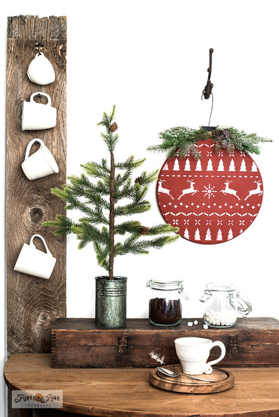 Make a Christmas sweater styled lazy susan or wood ornament from a wood round with Funky Junk's Old Sign Stencils!