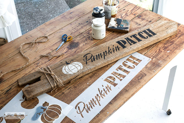 Stencil this charming rustic Pumpkin Patch fall sign with Funky Junk's Old Sign Stencils! Stencils: Pumpkin Patch and Fall Produce.