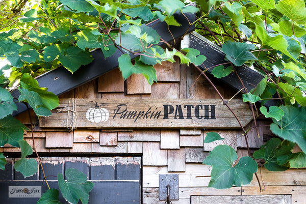 Stencil this charming rustic Pumpkin Patch fall sign with Funky Junk's Old Sign Stencils! Stencils: Pumpkin Patch and Fall Produce.