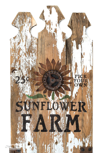 Sunflower Farm stencils by Funky Junk's Old Sign Stencils are fall-themed stencils in 2 sizes. Small includes a sunflower, 25 cents & 'pick your own', that fit crates, throw pillows or smaller fall projects. Large vertical includes a tall sunflower stalk growing inside a rustic crate sized for a vertical porch sign.