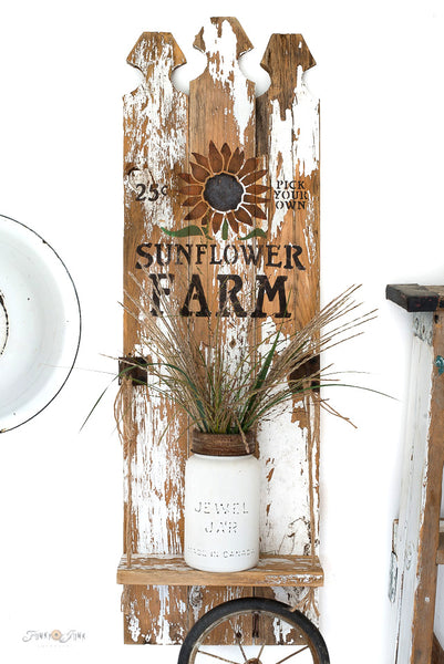 Sunflower Farm stencils by Funky Junk's Old Sign Stencils are fall-themed stencils in 2 sizes. Small includes a sunflower, 25 cents & 'pick your own', that fit crates, throw pillows or smaller fall projects. Large vertical includes a tall sunflower stalk growing inside a rustic crate sized for a vertical porch sign.
