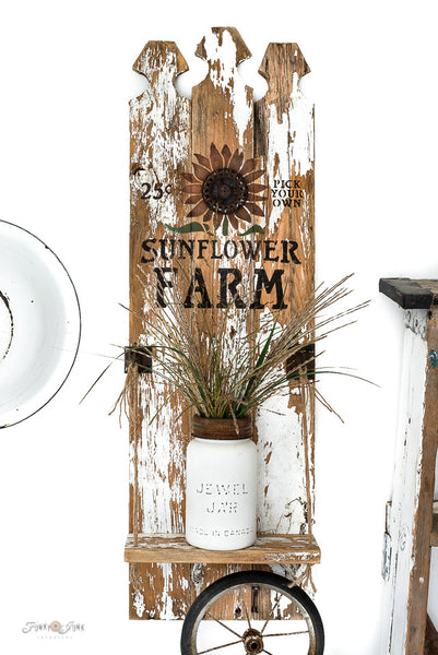 Sunflower Farm stencils by Funky Junk's Old Sign Stencils are fall-themed stencils in 2 sizes. Small includes a sunflower, 25 cents & 'pick your own', that fit crates, throw pillows or smaller fall projects. Large vertical includes a tall sunflower stalk growing inside a rustic crate sized for a vertical porch sign.