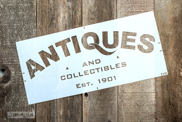 Antiques stencil by Funky Junk's Old Sign Stencils. Celebrate your love for vintage collections, by painting your own old Antiques sign onto reclaimed wood, furniture, etc!