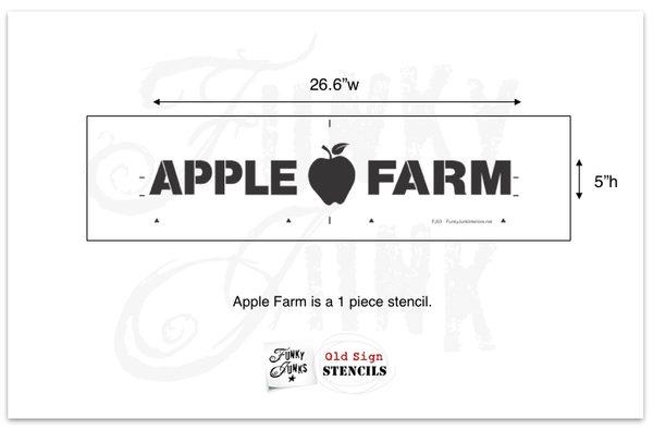 Apple Farm stencil by Funky Junk's Old Sign Stencils. Celebrate your love for fall produce, by painting your own apple farm sign onto wood or old crates! Includes a whimsical apple graphic.
