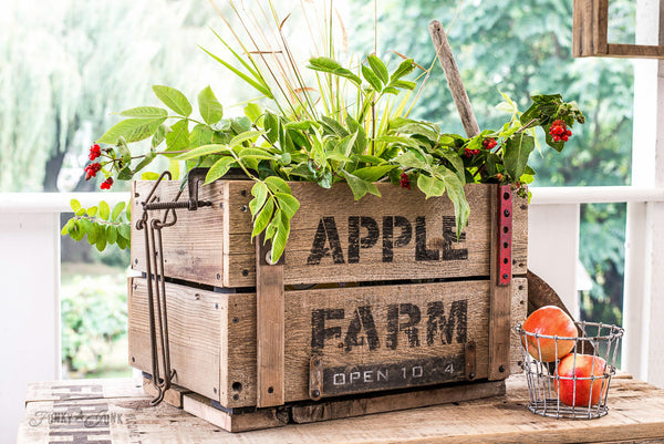 Create this charming DIY crate themed with Apple Farm for fall! Made with Funky Junk's Old Sign Stencils