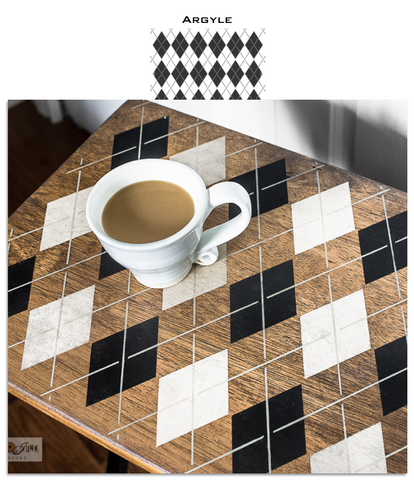 Argyle by Funky Junk's Old Sign Stencils, is a 2-piece stencil available in Small and Large. It's now possible to stencil this classic pattern onto any surface that accepts paint! The two sizes offer the perfect scales for small projects, or larger such as furniture.