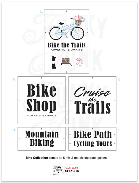 The Bike Collection stencils by Funky Junk's Old Sign Stencils offers many unique ways to customize! Includes an adaptable bike (male / female / sports / cruiser), bike basket, crate, dog, cat, flowers, and various bike sayings such as Bike the Trails, Cruise the Trails, Mountain Biking, Bike Path, and Cycling Tours.