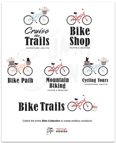 The Bike Collection stencils by Funky Junk's Old Sign Stencils offers many unique ways to customize! Includes an adaptable bike (male / female / sports / cruiser), bike basket, crate, dog, cat, flowers, and various bike sayings such as Bike the Trails, Cruise the Trails, Mountain Biking, Bike Path, and Cycling Tours.