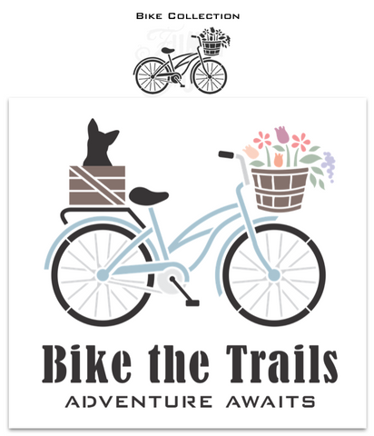 The Bike Collection stencils by Funky Junk's Old Sign Stencils offers many unique ways to customize! Includes an adaptable bike (male / female / sports / cruiser), bike basket, crate, dog, cat, flowers, and various bike sayings such as Bike the Trails, Cruise the Trails, Mountain Biking, Bike Path, and Cycling Tours.