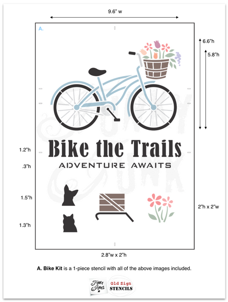 The Bike Collection stencils by Funky Junk's Old Sign Stencils offers many unique ways to customize! Includes an adaptable bike (male / female / sports / cruiser), bike basket, crate, dog, cat, flowers, and various bike sayings such as Bike the Trails, Cruise the Trails, Mountain Biking, Bike Path, and Cycling Tours.