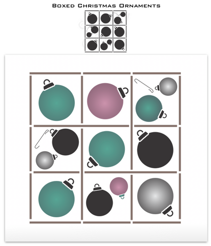 Add some retro flair to your holiday decor with our Boxed Christmas Ornaments  stencil! This playful stencil includes 3 different sized ornaments with hooks, all neatly packed in a box. Perfect for adding a vintage Shiny Brites vibe to your decorating.