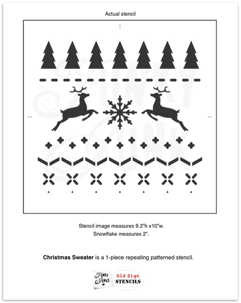 Christmas Sweater by Funky Junk's Old Sign Stencils is a repeating Christmas sweater pattern stencil that adds cozy festive charm to your painted projects! Designed with reindeer, a snowflake, trees and stitching patterns for an authentic sweater look. Sized in a square shape perfect for throw pillows.