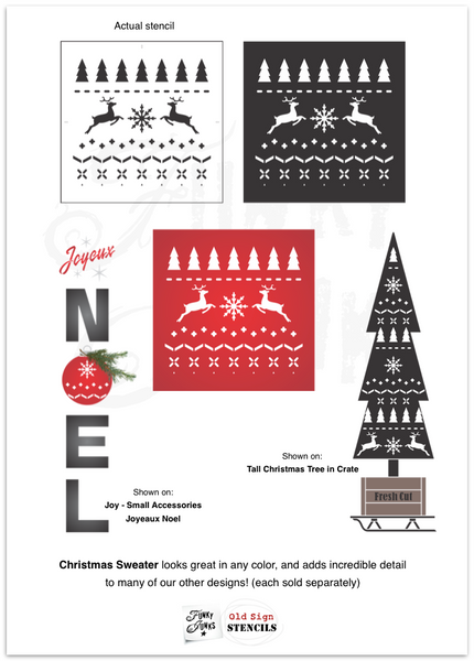 Christmas Sweater by Funky Junk's Old Sign Stencils is a repeating Christmas sweater pattern stencil that adds cozy festive charm to your painted projects! Designed with reindeer, a snowflake, trees and stitching patterns for an authentic sweater look. Sized in a square shape perfect for throw pillows.