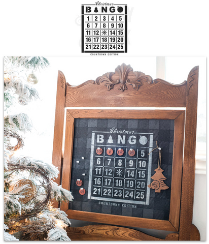 Count down the days 'til Christmas with a fun, vintage-inspired "Christmas Countdown Bingo" stencil FJ72! This Christmas stencil includes a Christmas tree, ornament and snowflake images to stencil onto any object of your choice, bringing a little Christmas cheer to your countdown! 