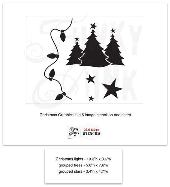 Add a festive touch to your Christmas projects with our Christmas Graphics stencil! Featuring 3 forest trees, a string of Christmas lights, and 3 different sized stars, this Christmas stencil is the perfect addition for your holiday crafting needs. 