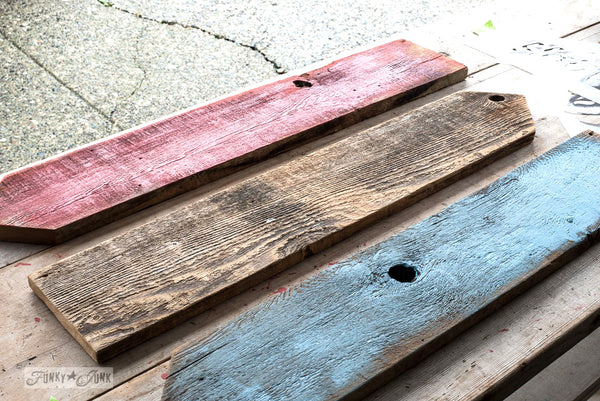 Winter directional signs made with Ski Lodge by Funky Junk's Old Sign Stencils. Paint professional looking winter themed ski lodge signs onto reclaimed wood in minutes with this design! Team with Winter Graphics for whimsical snowflakes!