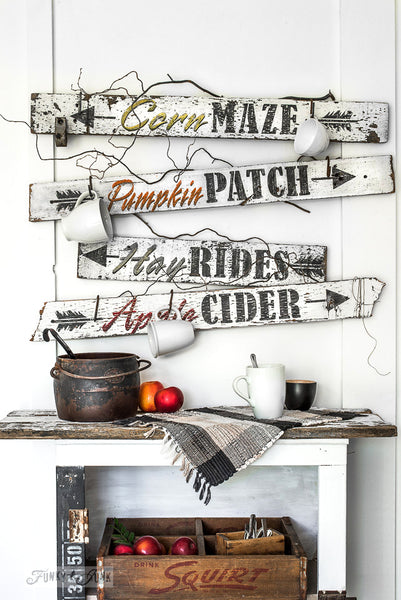 Make these fall directional signs with iconic fall sayings by Funky Junk's Old Sign Stencils! 4 to choose from: Pumpkin Patch, Apple Cider, Hay Rides and Corn Maze.