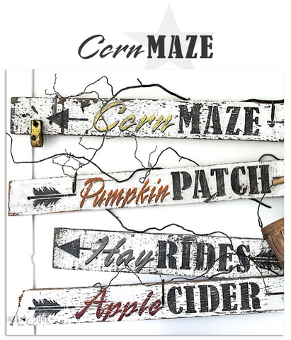 Corn Maze fall stencil by Funky Junk's Old Sign Stencils is the perfect stencil for fall or Halloween decorating! Create a sign on reclaimed wood, use it on furniture, or anywhere desired! Collect all our fall signs that match - Corn Maze, Hay Rides and Apple Cider.