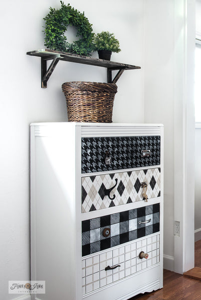 Pattern stencils including Houndstooth, Argyle, Buffalo Check and Plaid Shirt on a dresser from Funky Junk's Old Sign Stencils!