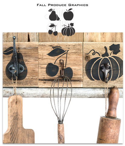 Fall Produce Graphics is a 1-piece stencil with 4 produce images that include a pear, apple, cherries and a pumpkin. Each fruit bears a leaf and they are all scaled to the same size to work well together and with our other fall stencil collections.