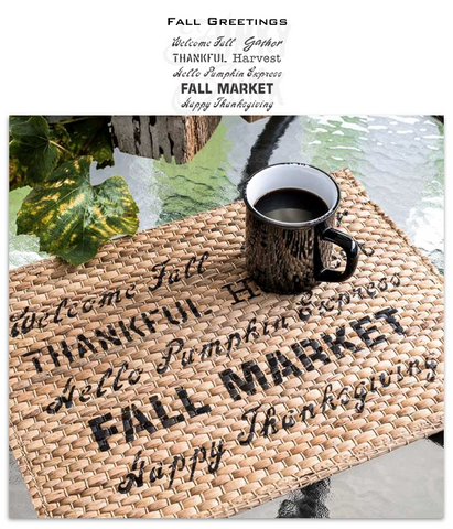 Fall Greetings by Funky Junk's Old Sign Stencils offers the perfect fall sayings all on one stencil! Designed with a fun mix of fonts, this stencil is perfect for enhancing any fall project. Includes: Welcome Fall, Gather, Thankful, Harvest, Hello Pumpkin, Pumpkin Express, Fall Market, Happy Thanksgiving. 2 sizes.