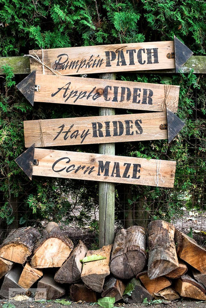 Make these fall directional signs with iconic fall sayings by Funky Junk's Old Sign Stencils! 4 to choose from: Pumpkin Patch, Apple Cider, Hay Rides and Corn Maze.