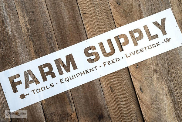 Farm Supply stencil by Funky Junk's Old Sign Stencils celebrates all the special ingredients required to live the farm lifestyle dream! Bold and timeless, with subtext of Tools, Equipment, Feed and Livestock, trimmed out with graphics of a shovel head and a sprig of wheat for added charm on your reclaimed wood sign.