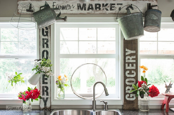 Make reclaimed wood farmhouse GROCERY and other food signs with Funky Junk's Old Sign Stencils