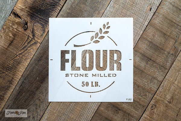 Flour Stone Milled 50 LB is a vintage-styled grain sack stencil. Team it up with Grain Sack Stripes for the complete authentic look! Complete with a sprig of wheat. By Funky Junk's Old Sign Stencils.