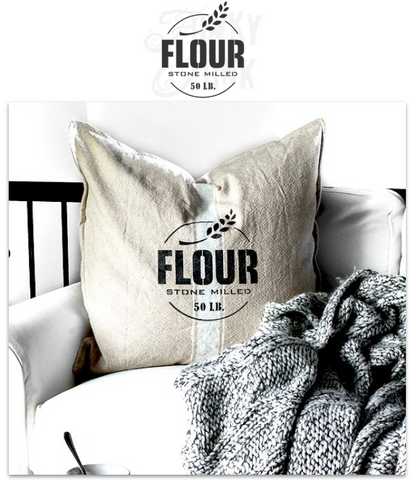 Flour Stone Milled 50 LB is a vintage-styled grain sack stencil. Team it up with Grain Sack Stripes for the complete authentic look! Complete with a sprig of wheat. By Funky Junk's Old Sign Stencils.